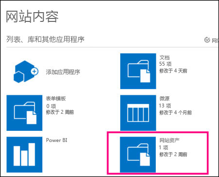 SharePoint Online 中的简单网站上网站内容"页面上，突出显示网站资产图块