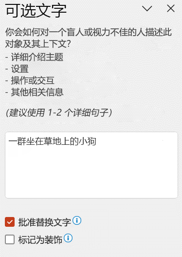 可选文字窗格中显示的自动可选文字，已选中“批准替换文字”复选框。