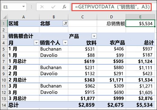 使用 GETPIVOTDATA 函数从数据透视表返回数据的示例。