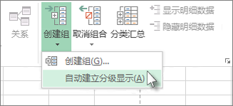 单击“分组”下方的箭头，然后单击“自动建立分级显示”