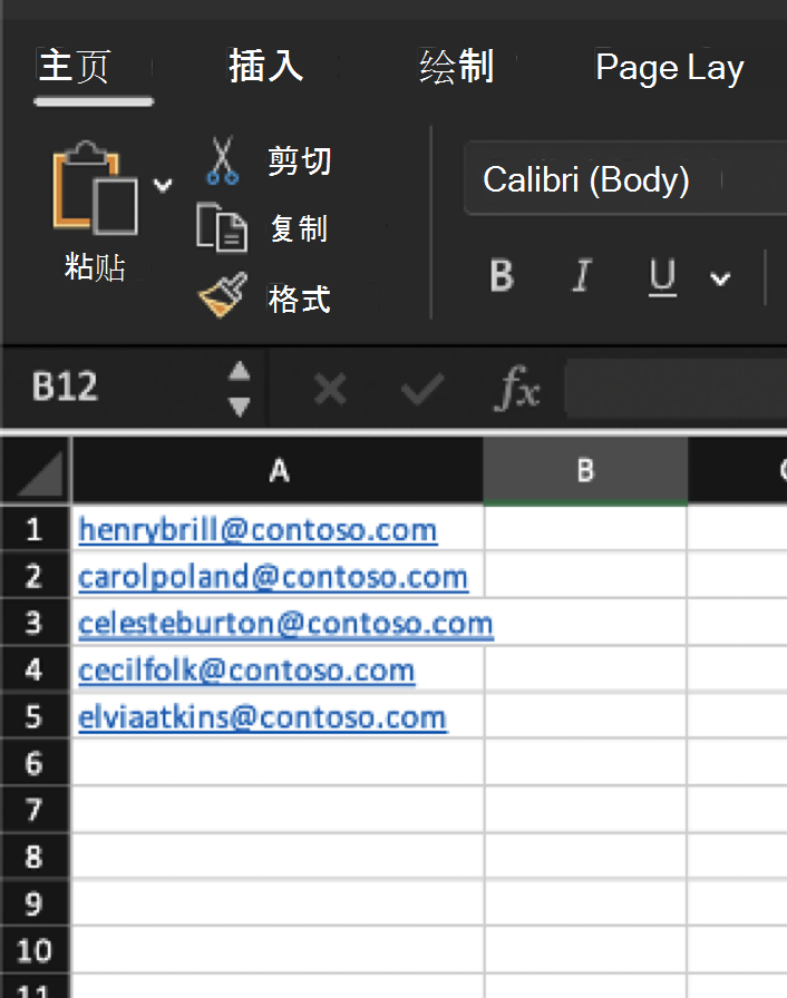 此示例 CVS 文件显示包含电子邮件地址的单个列 A，其他单元格不包含其他信息。