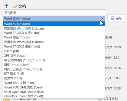 单击文件类型下拉列表，为文档选择不同的文件格式
