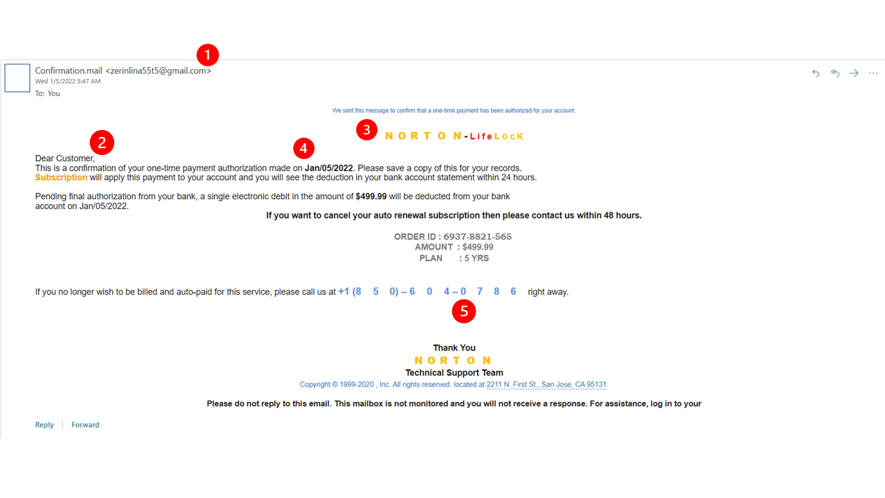 假装来自诺顿的欺诈电子邮件示例。