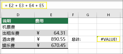 单元格 H4 为 =E2+E3+E4+E5 且结果为 #VALUE!