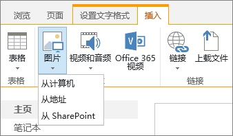 SharePoint Online 功能区的屏幕截图。 选择“插入”选项卡，然后选择“图片”以选择是否要从你的计算机、Web 地址或 SharePoint 位置上传图片。