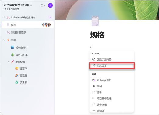 Loop 中的“汇总页面”菜单选项