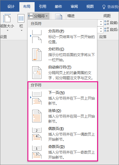 突出显示了“布局”选项卡中的分节符类型。