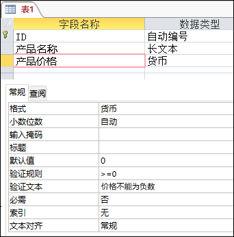 Access 表设计器中显示的字段验证规则