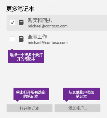 OneNote 中“更多笔记本”窗口的屏幕截图