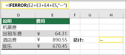 单元格 H4 为 =IFERROR(E2+E3+E4+E5,"--")