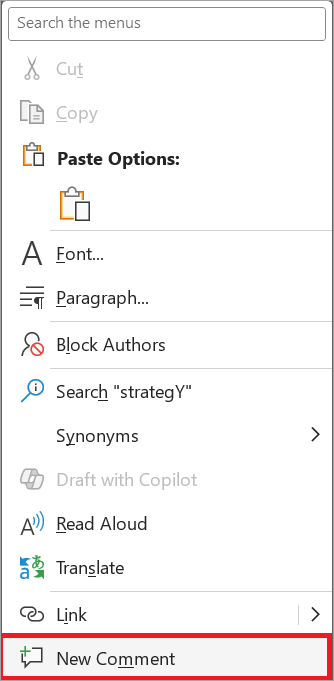 “新建批注”上下文菜单。