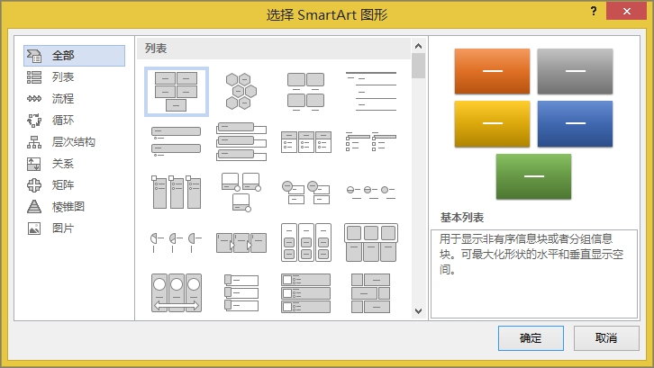 “选择 SmartArt 图形”对话框中的选项