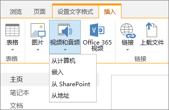 SharePoint Online 功能区的屏幕截图。 选择“插入”选项卡，然后选择“视频和音频”，以指定是从你的计算机、SharePoint 位置、Web 地址添加文件，还是通过嵌入代码添加文件。