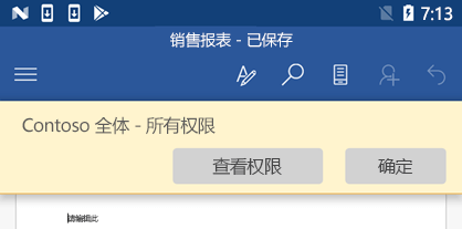 在 Office for Android 中打开受 IRM 保护的文件时，可查看已分配的权限。