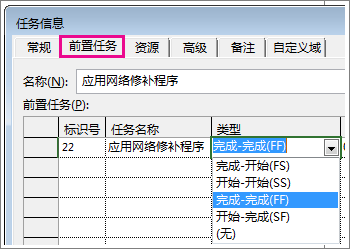 “任务信息”对话框的“前置任务”选项卡