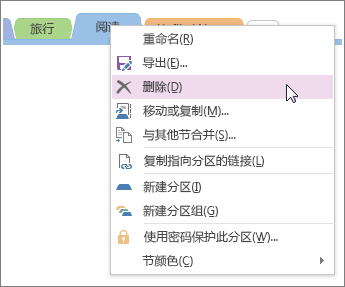 如何在 OneNote 2016 中删除分区的屏幕截图。