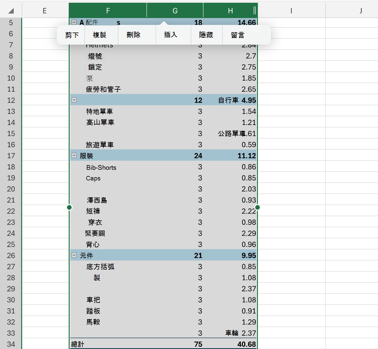 在 iPad 上刪除橫跨數據透視表的欄