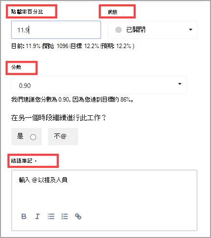 螢幕快照說明結果如何匯總，並以紅色方塊標示的「按兩下速率」、[狀態]、[分數] 和 [結語記事] 來影響父項目標的進度。