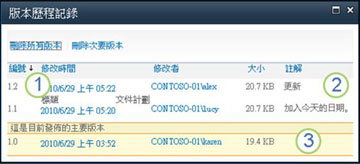 顯示主要版本、次要版本和註解的版本歷程記錄