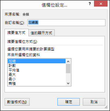 Excel [值欄位設定] 對話方塊的 [摘要值方式] 選項