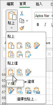 選項庫中的 [貼上值] 按鈕