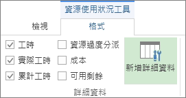 [資源使用狀況工具格式] 索引標籤、[新增詳細資料] 按鈕