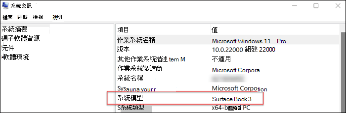 在右側窗格中顯示系統模型資訊。