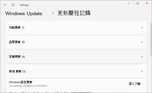 顯示 [更新記錄] 頁面，其中 [其他更新] 區段已展開。