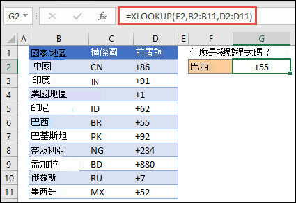 用來根據員工標識碼傳回員工名稱和部門的 XLOOKUP 函數範例。 公式是 =XLOOKUP (B2，B5：B14，C5：C14) 