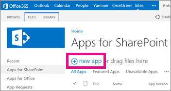 [應用程式目錄] 中的 [SharePoint 相關應用程式] 文件庫中的 [新的應用程式] 連結