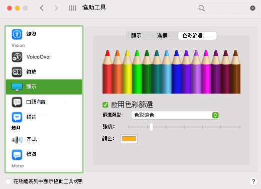 在 macOS 設定中啟用色彩濾鏡選項。