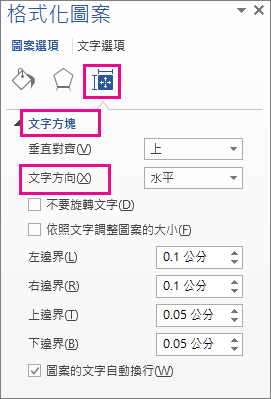 在 [圖案格式] 窗格中選取文字方向