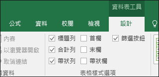 已選取表格儲存格時之功能區上的 [表格工具] 選項之影像