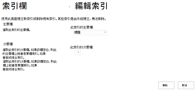 按一下索引後，您可以刪除索引