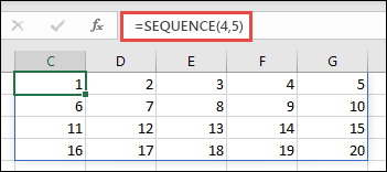 含有 4 x 5 陣列的 SEQUENCE 函數範例