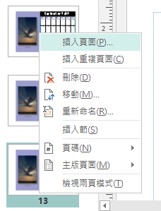 要插入頁面，請對 [頁面導覽] 窗格中的頁面按一下滑鼠右鍵。