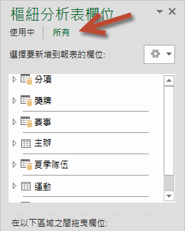 按一下 [樞紐分析表欄位] 中的 [所有]，以顯示所有可用的表格