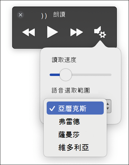 沈浸式閱讀程式大聲朗讀功能顯示的四個語音選取選項
