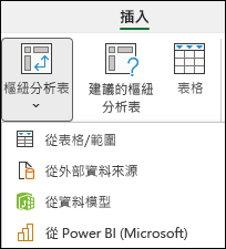 插入樞紐分析表下拉式功能表，顯示「來自 Power BI」選項。