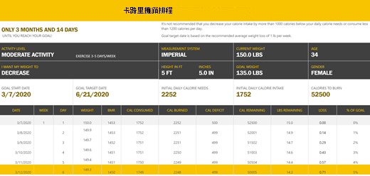 卡路里攤銷排程範本的螢幕擷取畫面