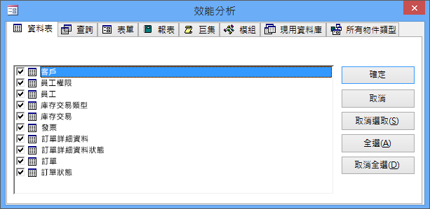 Access 中的 [效能分析] 對話方塊