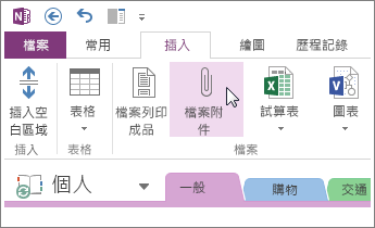 插入檔案附件，以在 OneNote 中備有一份檔案複本