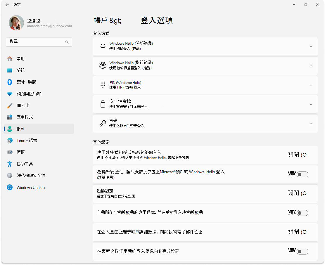 [設定] > 登入選項] 畫面的螢幕快照。