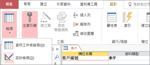 在資料工作表檢視和設計檢視之間切換資料表設計工具