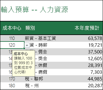 使用者選取儲存格時，就會顯示提示訊息