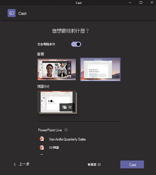詢問您要投射什麼內容的快顯視窗？ 含有共用螢幕、視窗或特定檔案的選項。