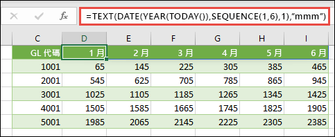 使用 SEQUENCE 搭配 TEXT、DATE、YEAR 和 TODAY 來為標題列建立月份的動態清單。