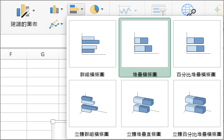 在 [插入] 索引標籤上，選取 [橫條圖]，然後選取 [堆疊橫條圖]