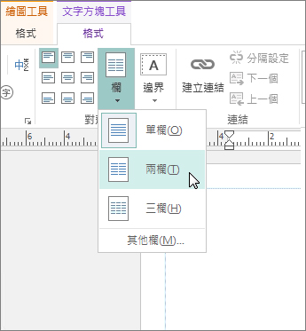 螢幕擷取畫面顯示 Publisher [文字方塊工具] 中的 [欄]。