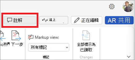 功能區上的 [批注] 按鈕。